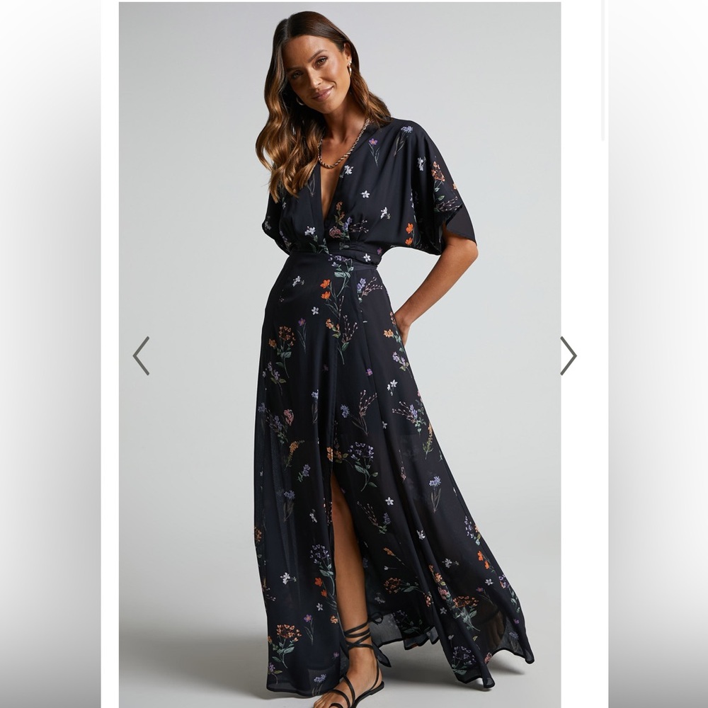 SHOWPO ERENZA MAXI DRESS - EXTENDED SLEEVE WRAP DRESS IN BLACK FLOWER FIELD
